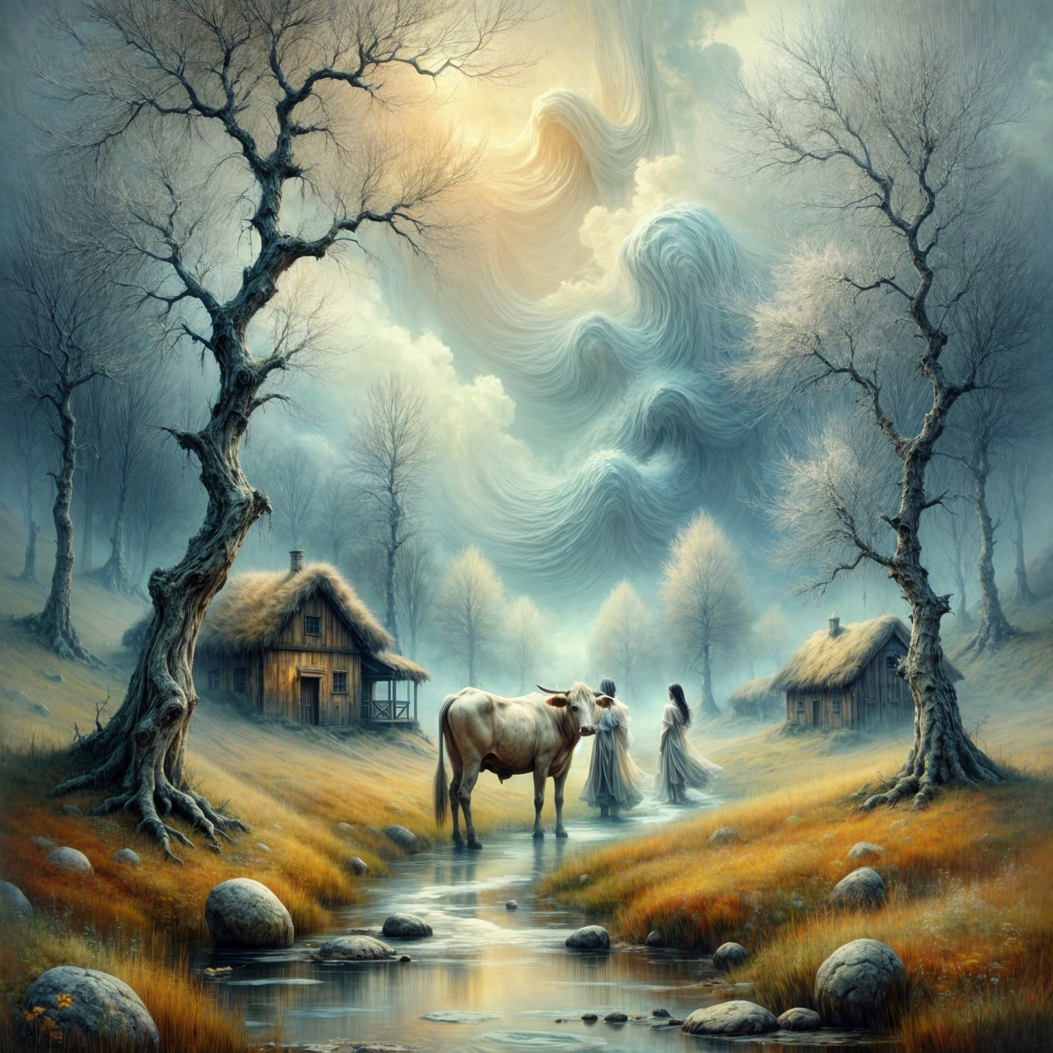 Serene Landscape with Figures and Grazing Cow