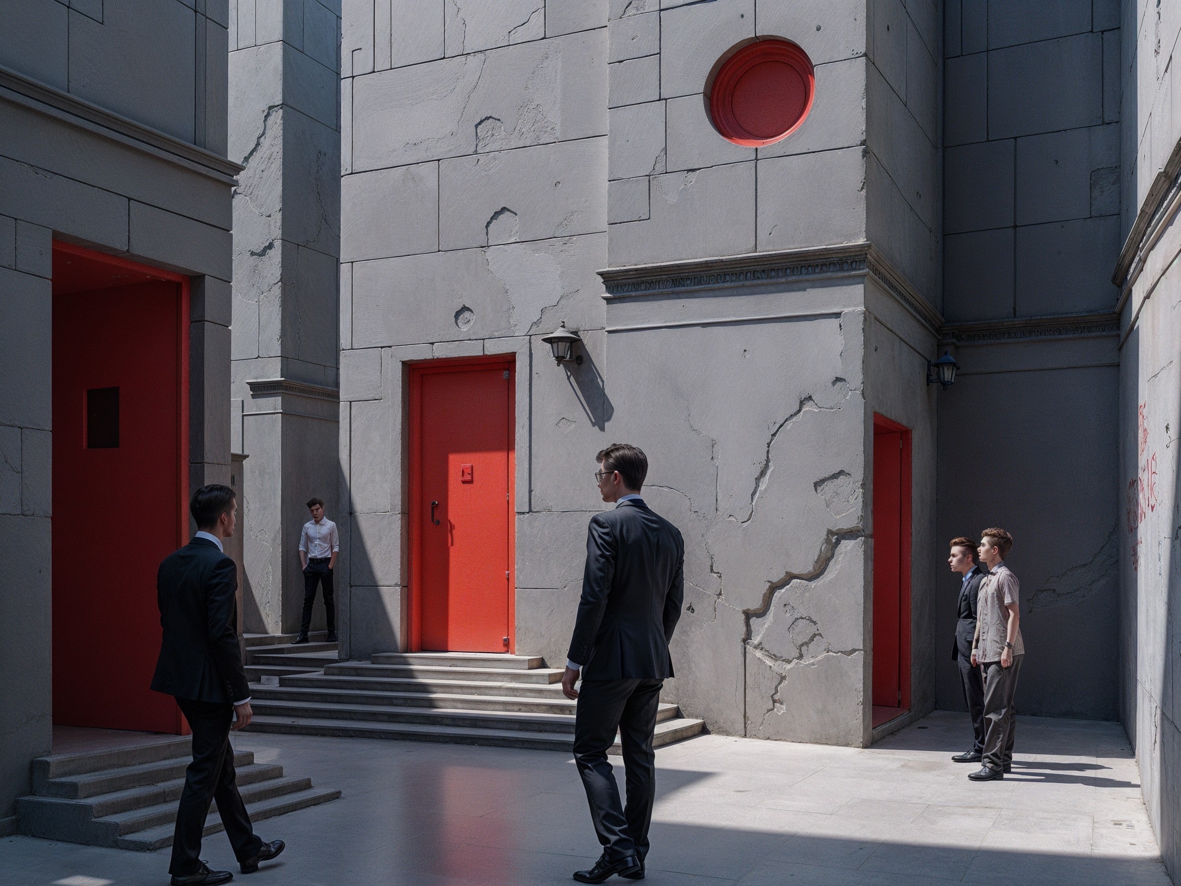 Architectural Space with Gray Walls and Red Doors