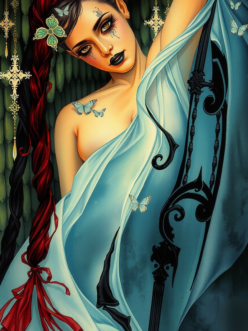 Striking Woman in Light Blue Fabric with Butterflies