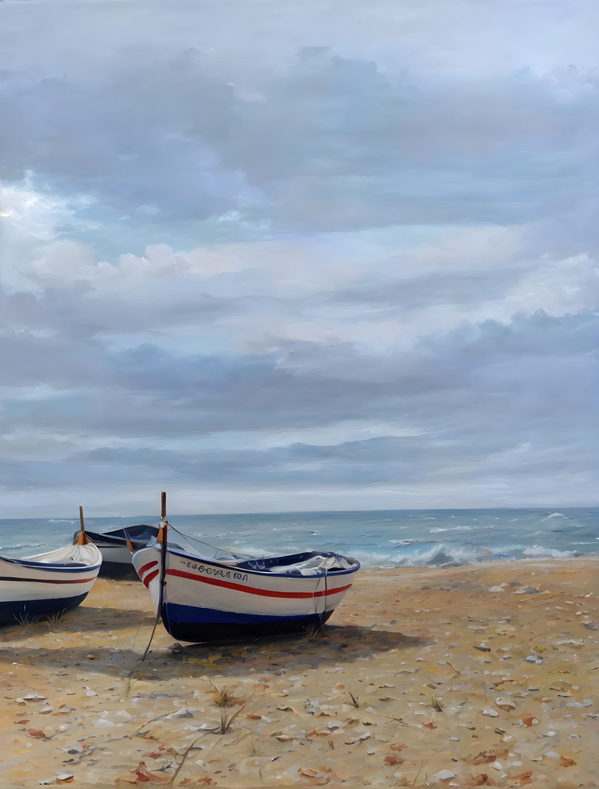 Wooden Boats on Sandy Beach with Stormy Skies and Choppy Sea Waves