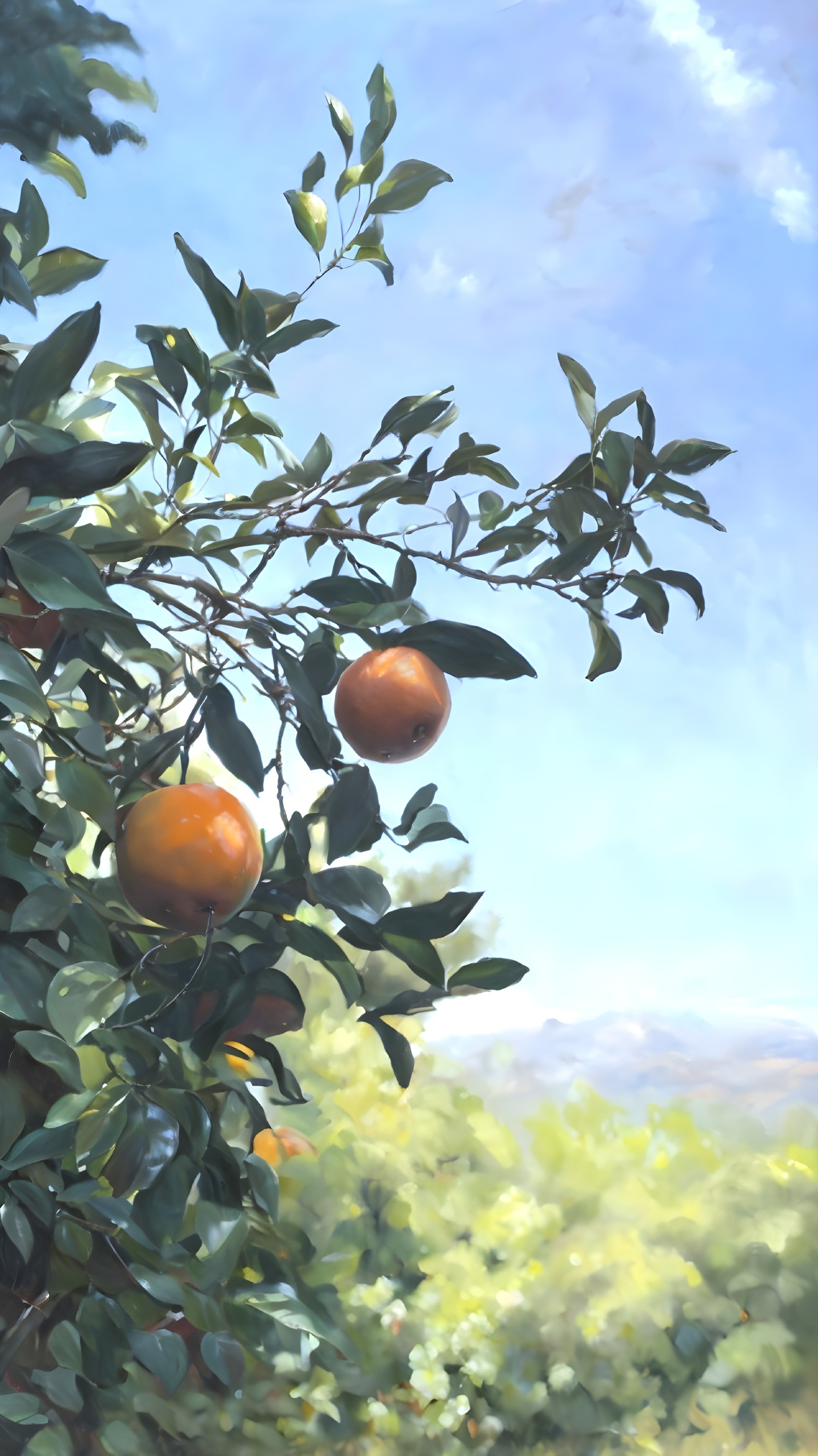 Ripe oranges on branch with blurred natural background.
