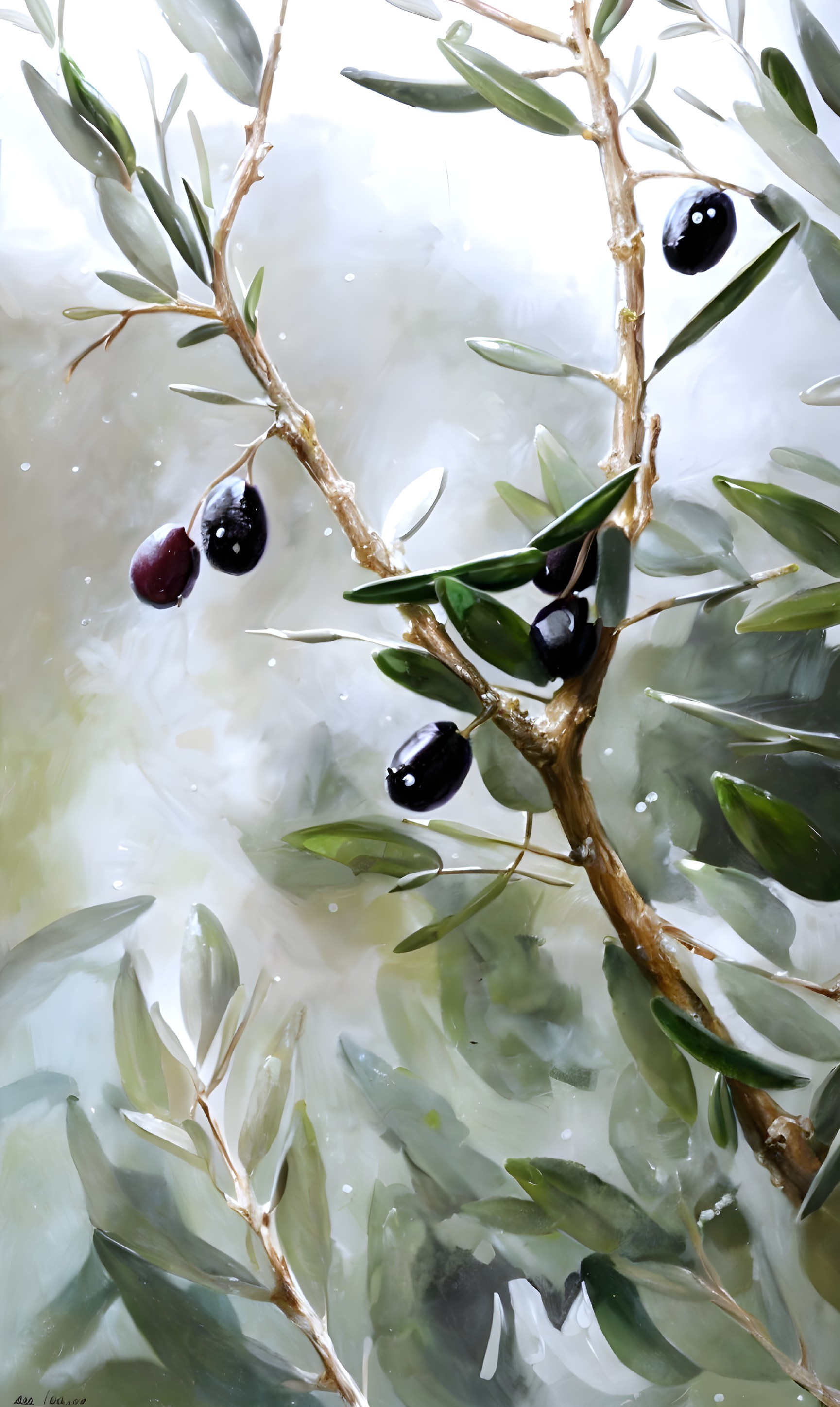 Realistic painting of ripe olives on olive branch against blurred background