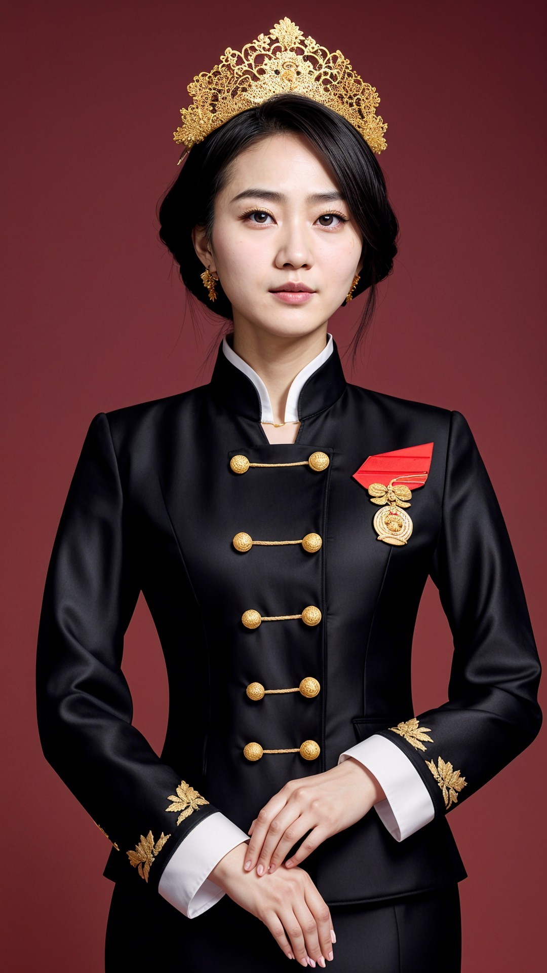 Young woman in elegant black jacket with crown and badge