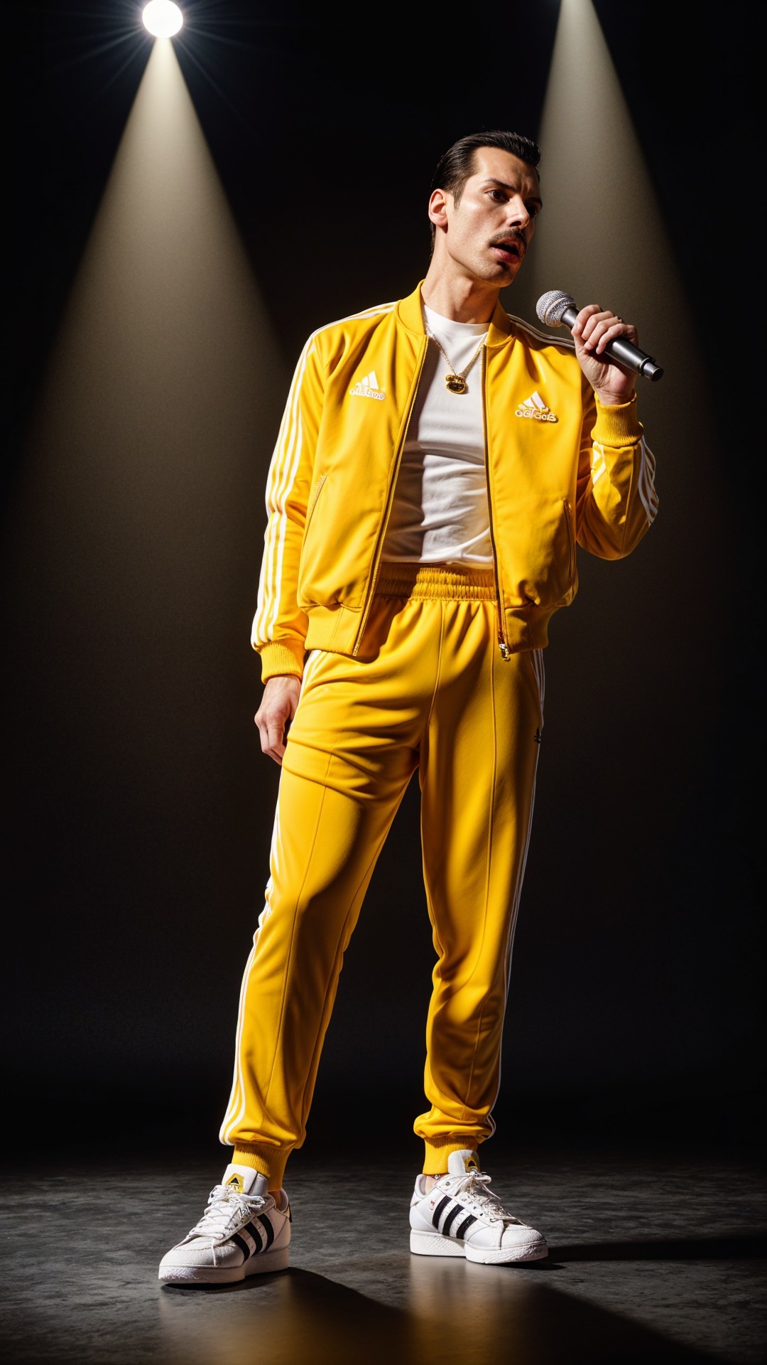 Confident Male Performer in Yellow Tracksuit on Stage
