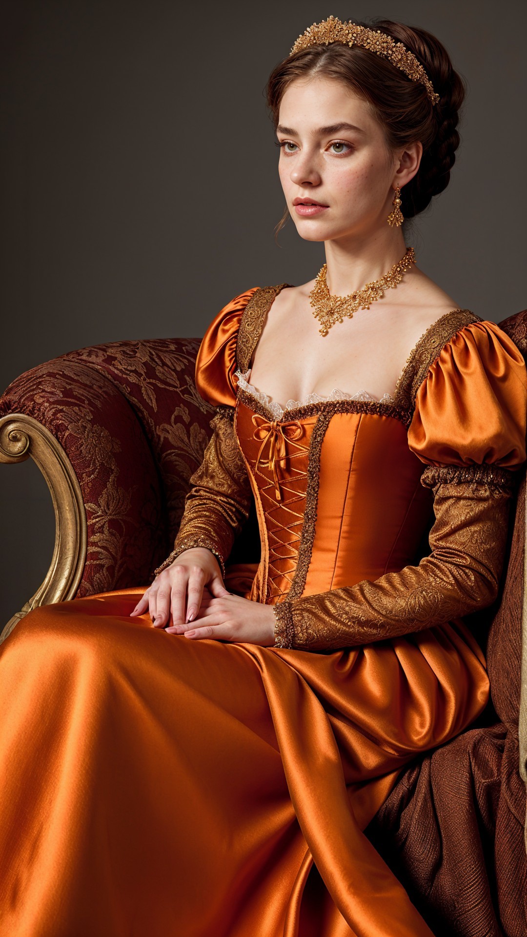 Young Woman in Elegant Orange Gown on Ornate Couch