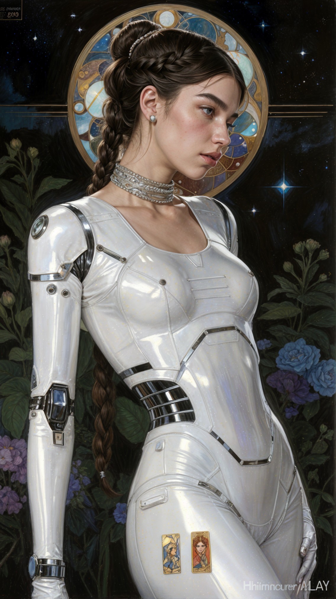 Futuristic female figure in sleek white suit with halo