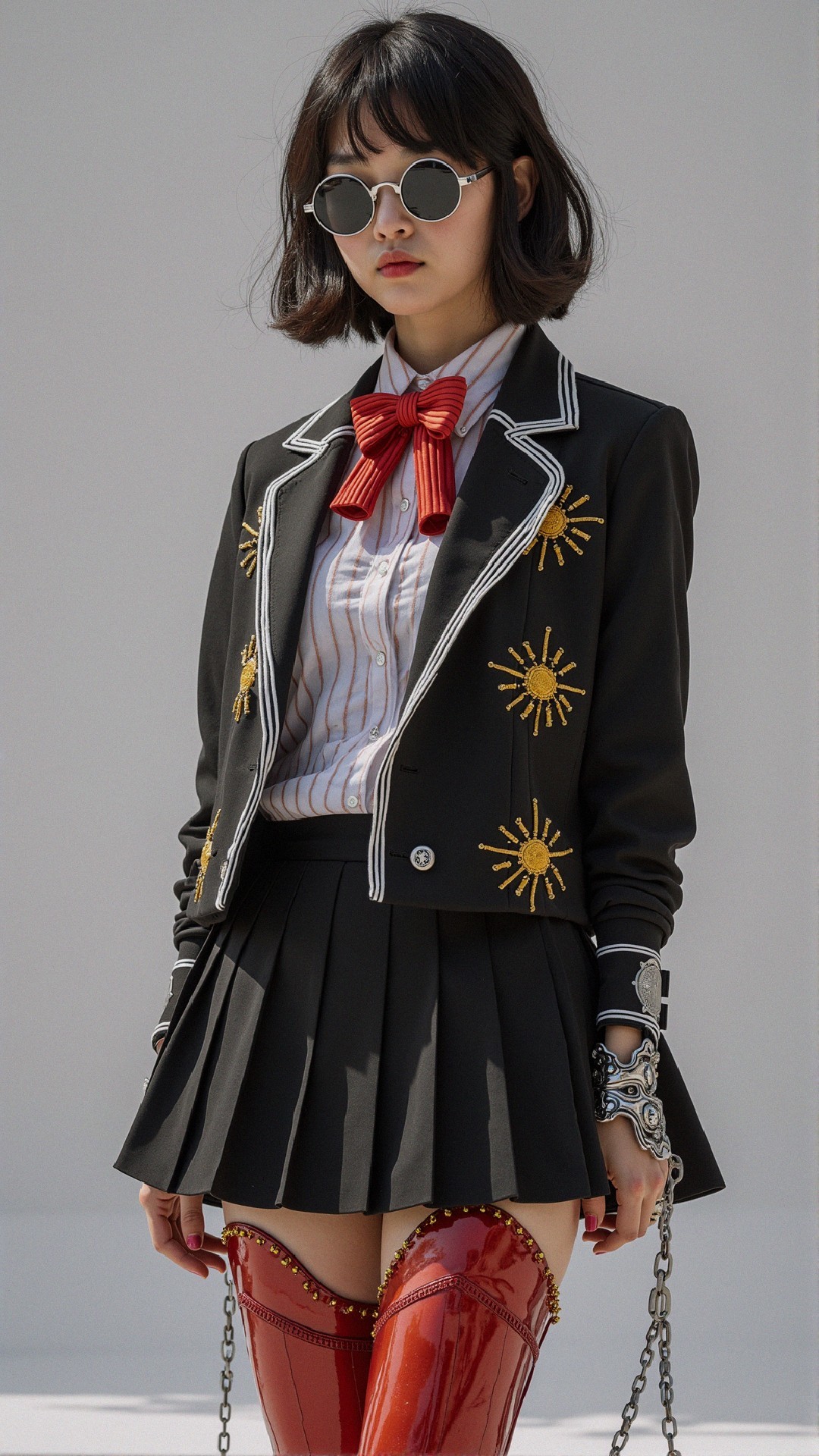 Young woman in stylish black blazer and red boots