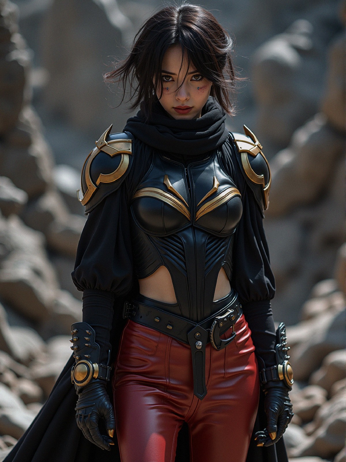 Fierce Female Warrior in Black and Gold Armor