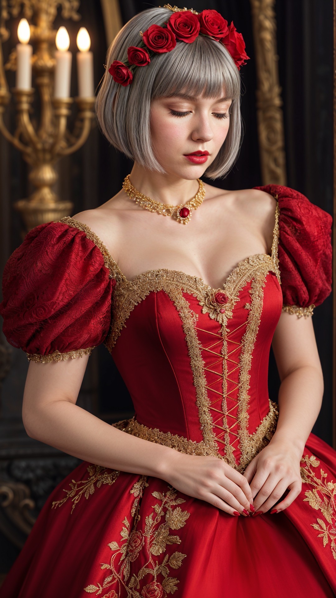 Young woman in red gown with gold embroidery and roses