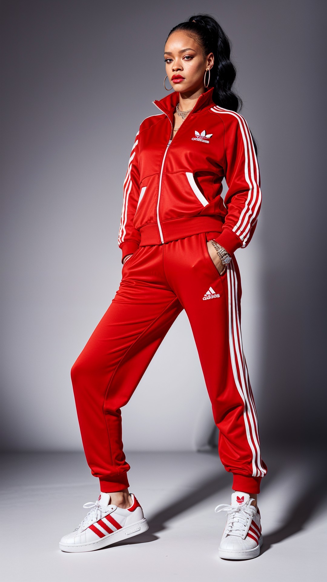 Stylish Model in Red Adidas Tracksuit and Sneakers
