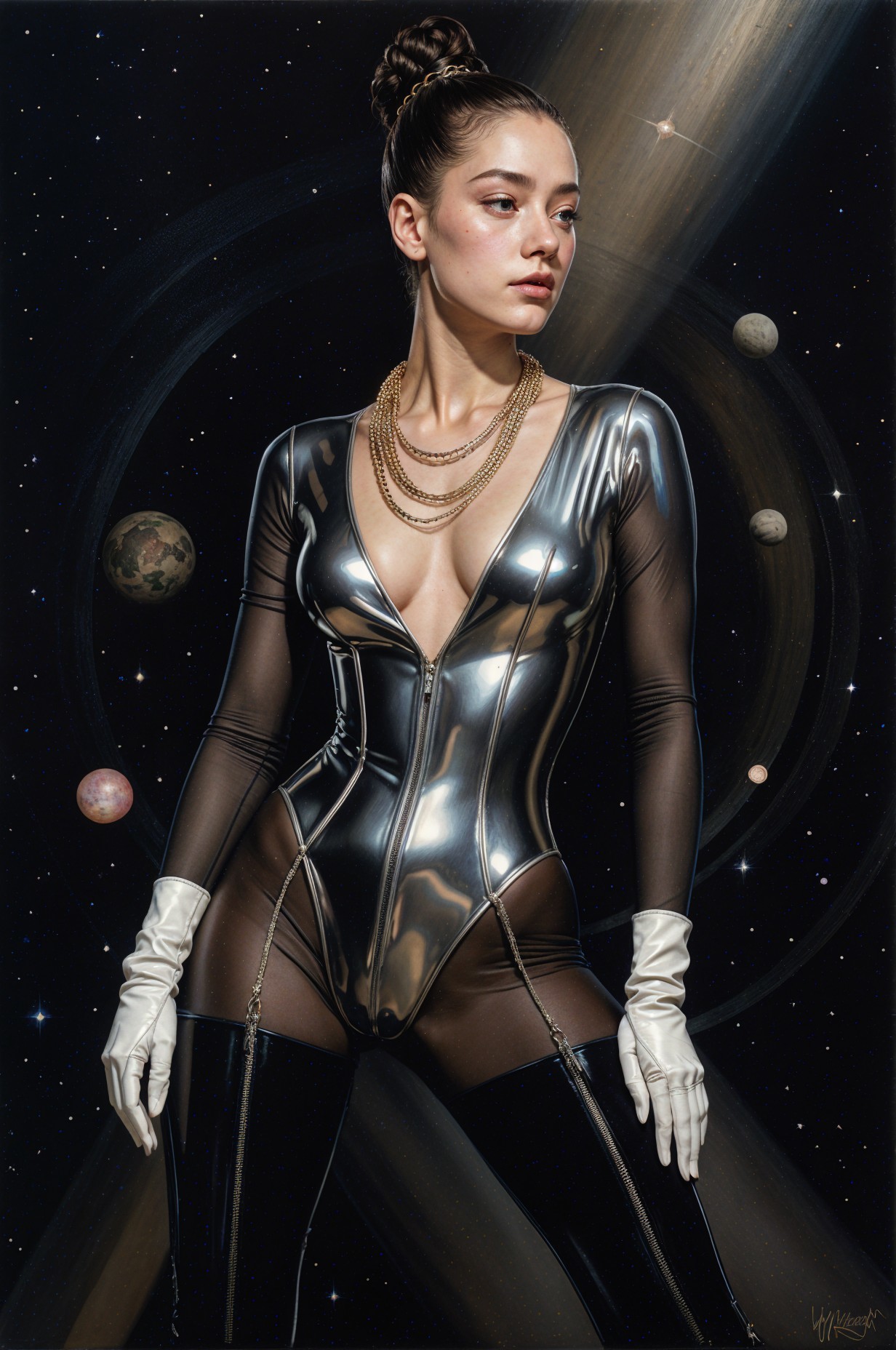 Futuristic Figure Against Cosmic Backdrop with Planets