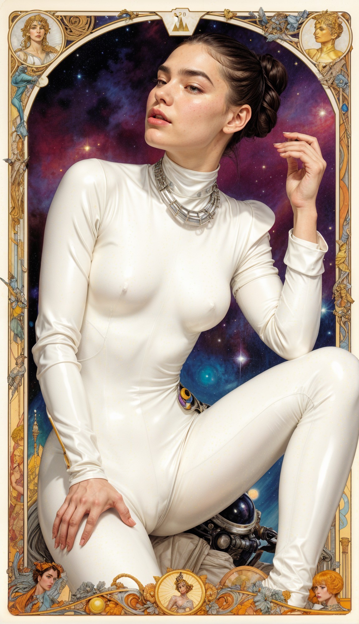 Elegant Figure in White Bodysuit Against Cosmic Background
