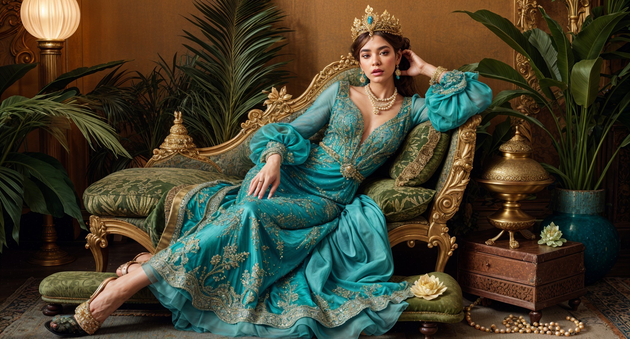 Elegant Woman in Turquoise Gown on Golden Sofa