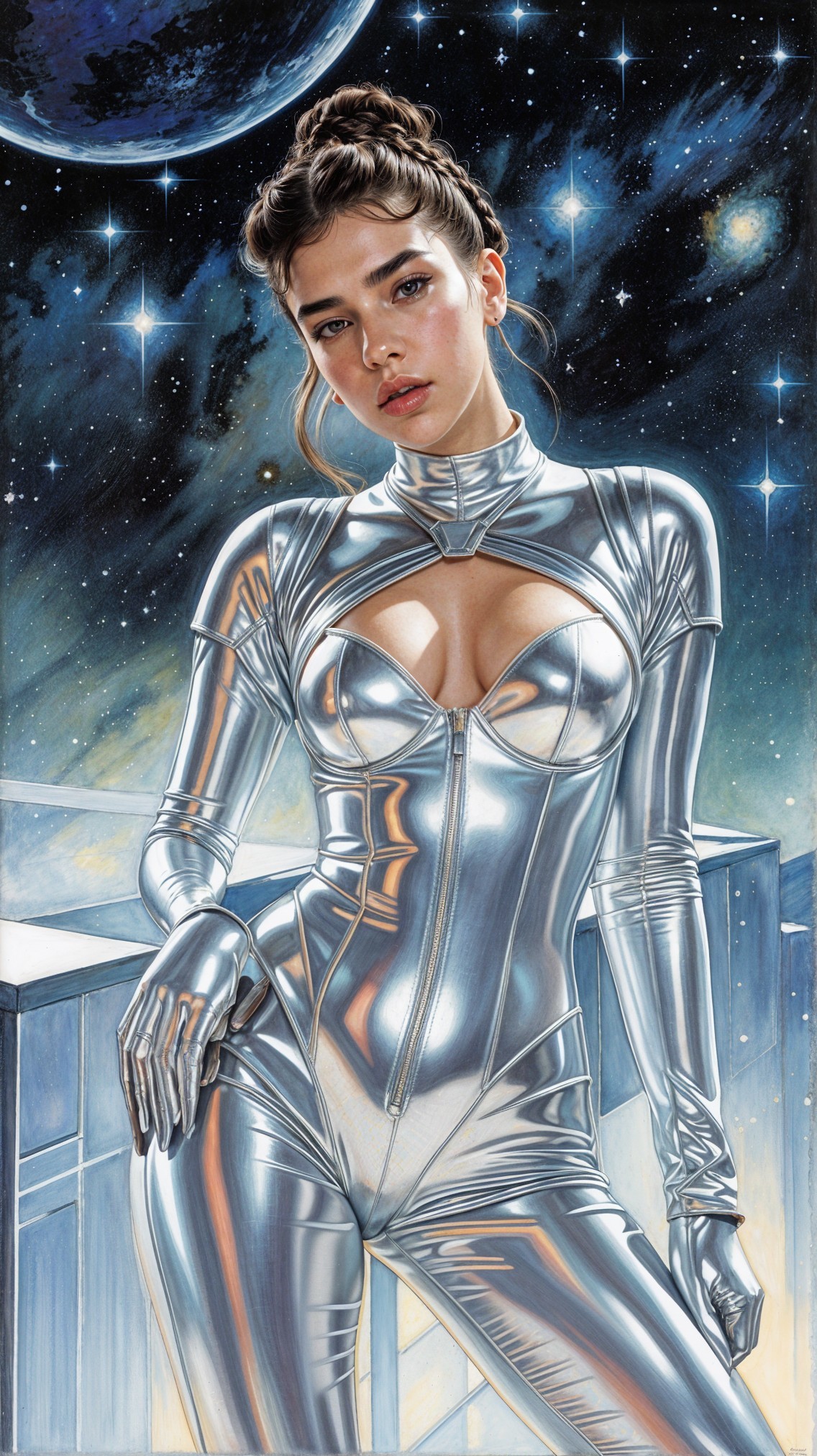 Futuristic scene with young woman in silver bodysuit