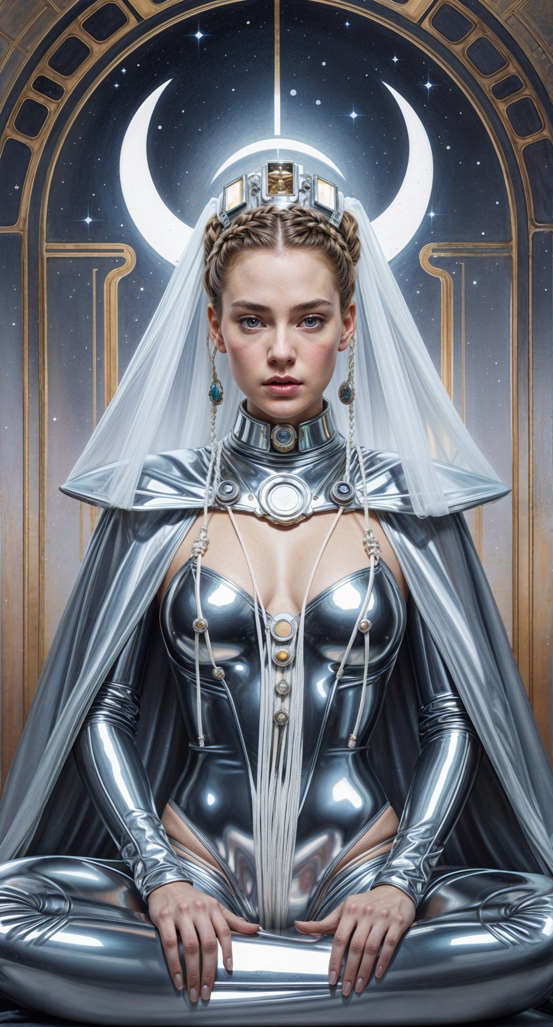 Regal Figure in Futuristic Silver Bodysuit and Veil