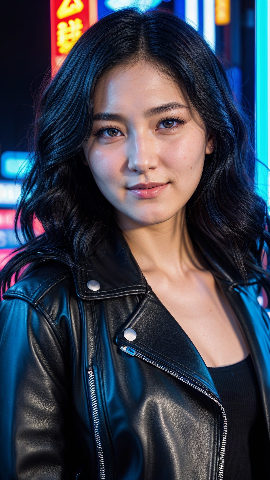 Young woman in leather jacket with neon urban backdrop