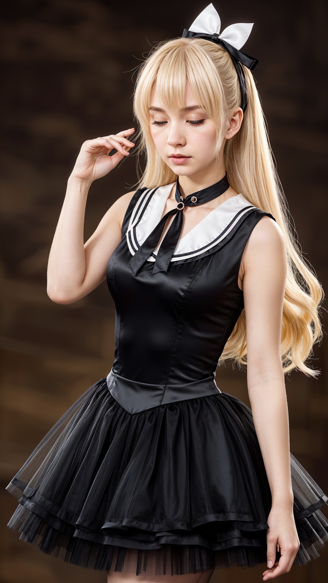 Young woman in stylish black and white dress outfit