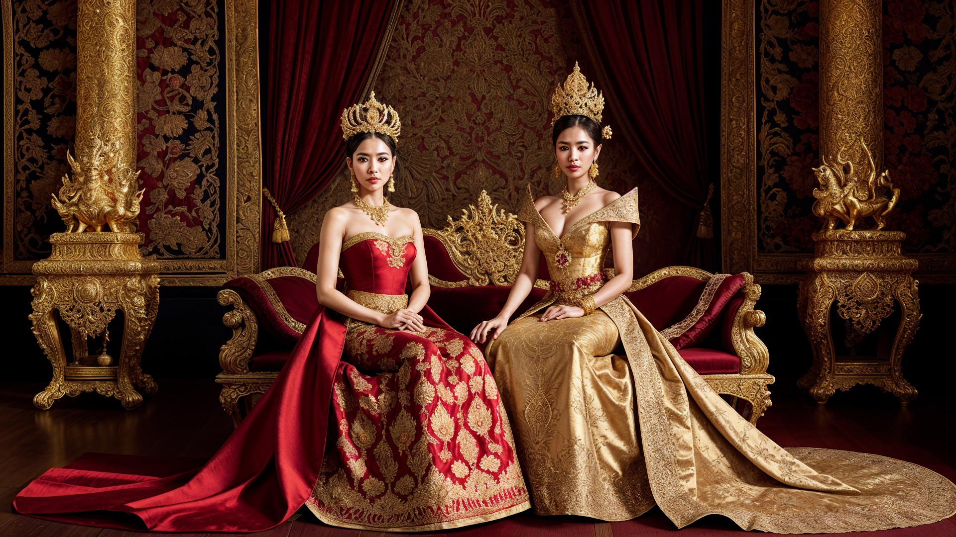 Elegant Women in Luxurious Gowns on Golden Chairs