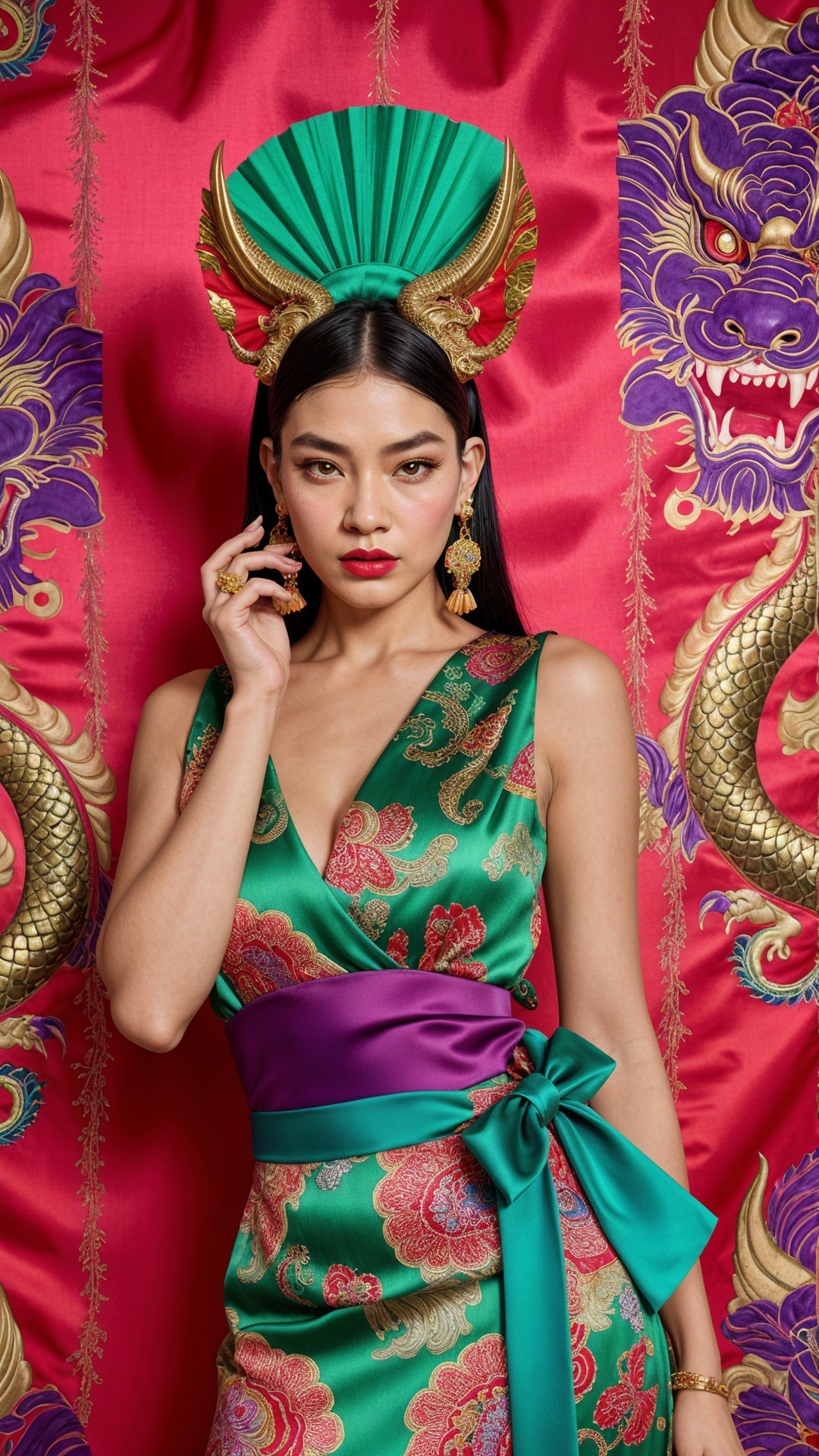 Elegant Model in Green Dress with Dragon Backdrop