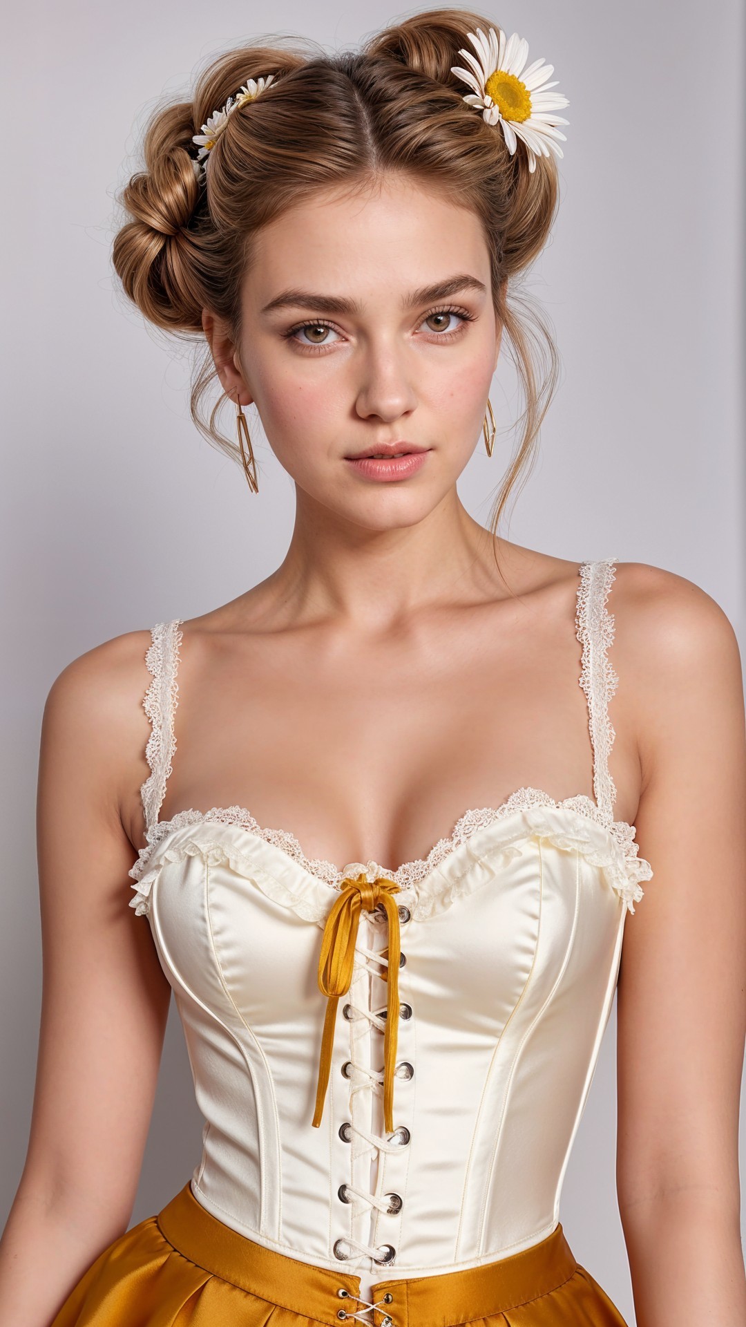 Young Woman in Elegant Corset and Golden Skirt