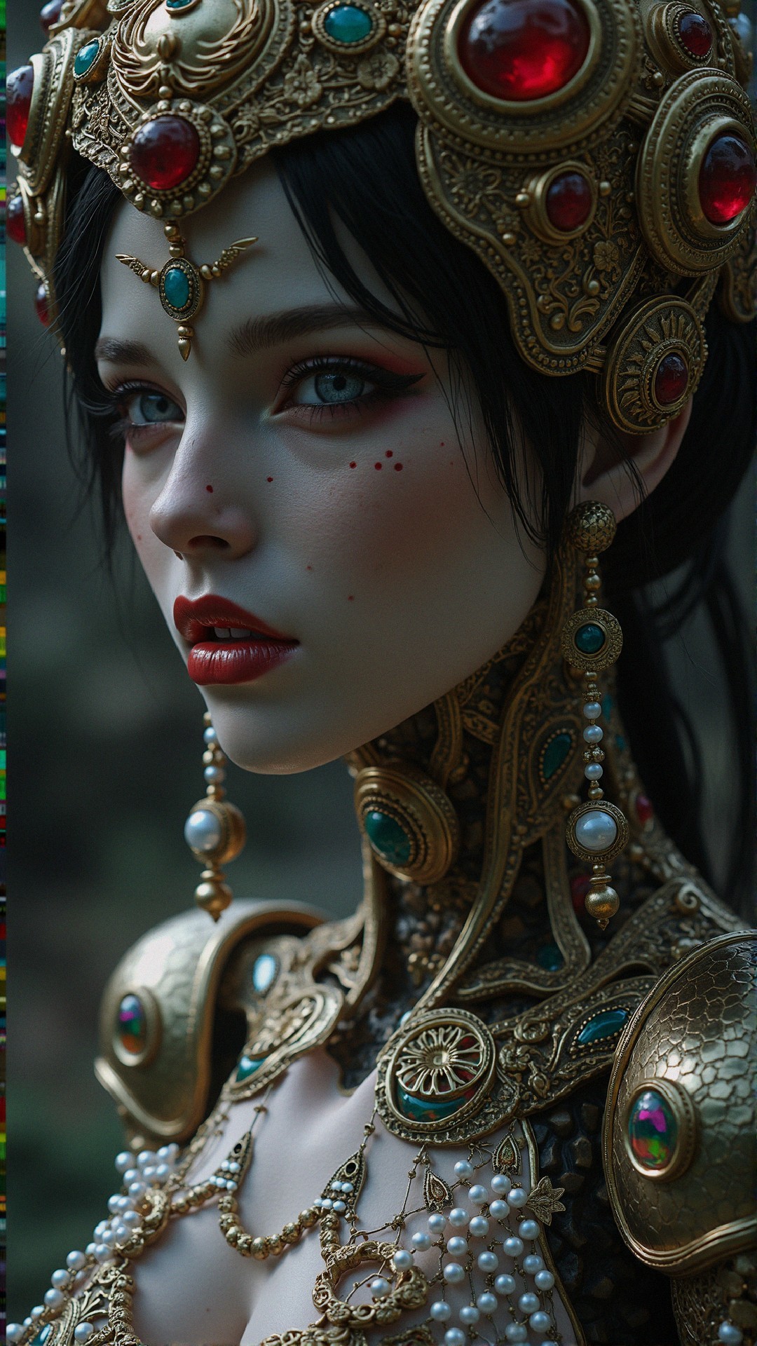 Regal figure in golden jewelry with red gems and pearls