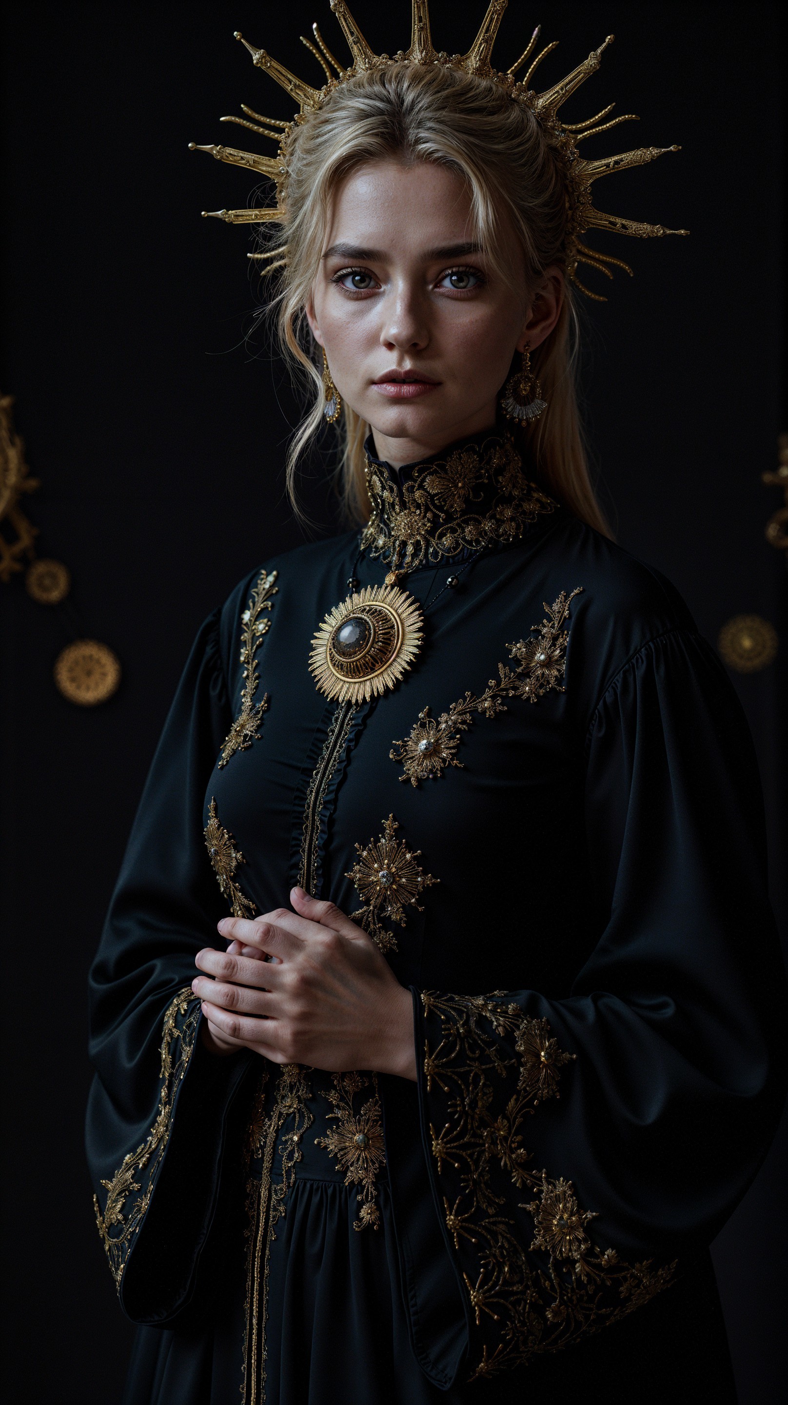 Mystical Woman in Elegant Black Garment with Halo