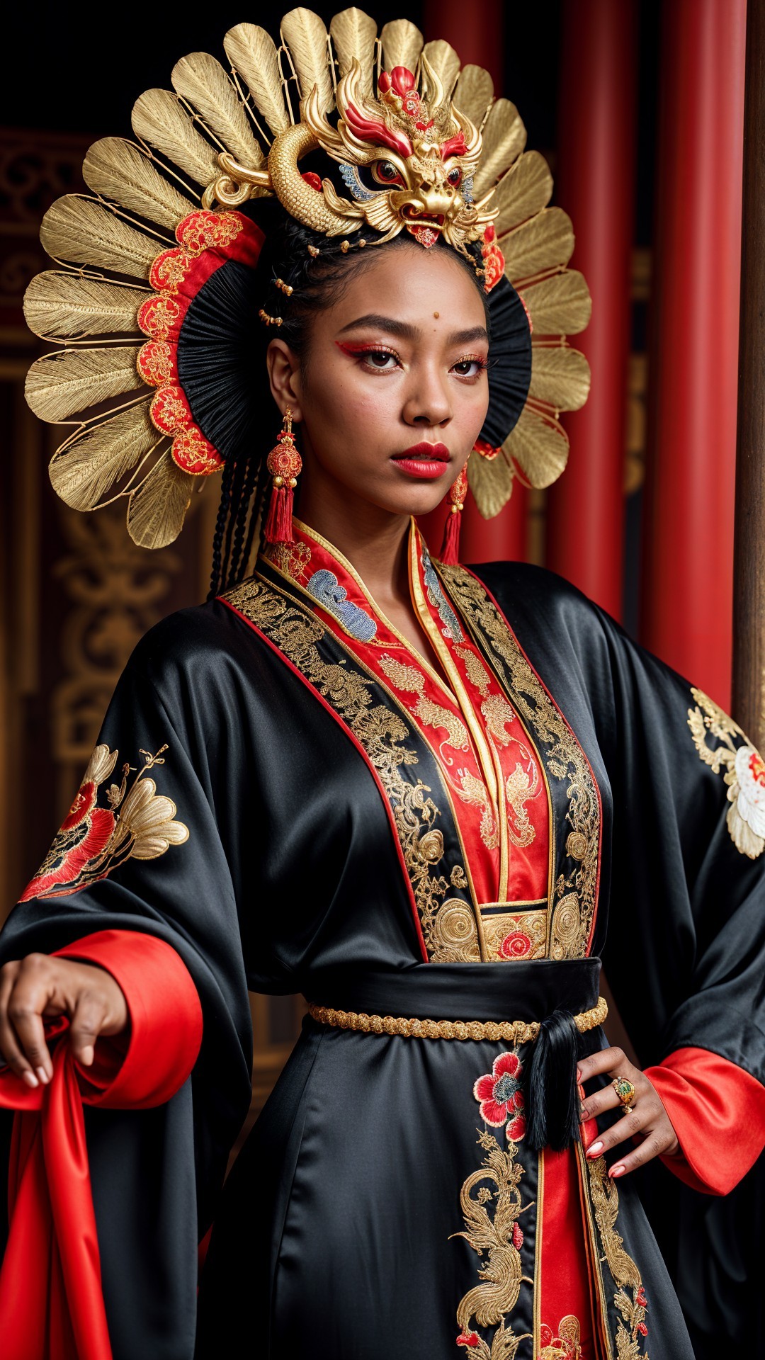 Traditional Black Robe with Golden Embroidery and Headdress