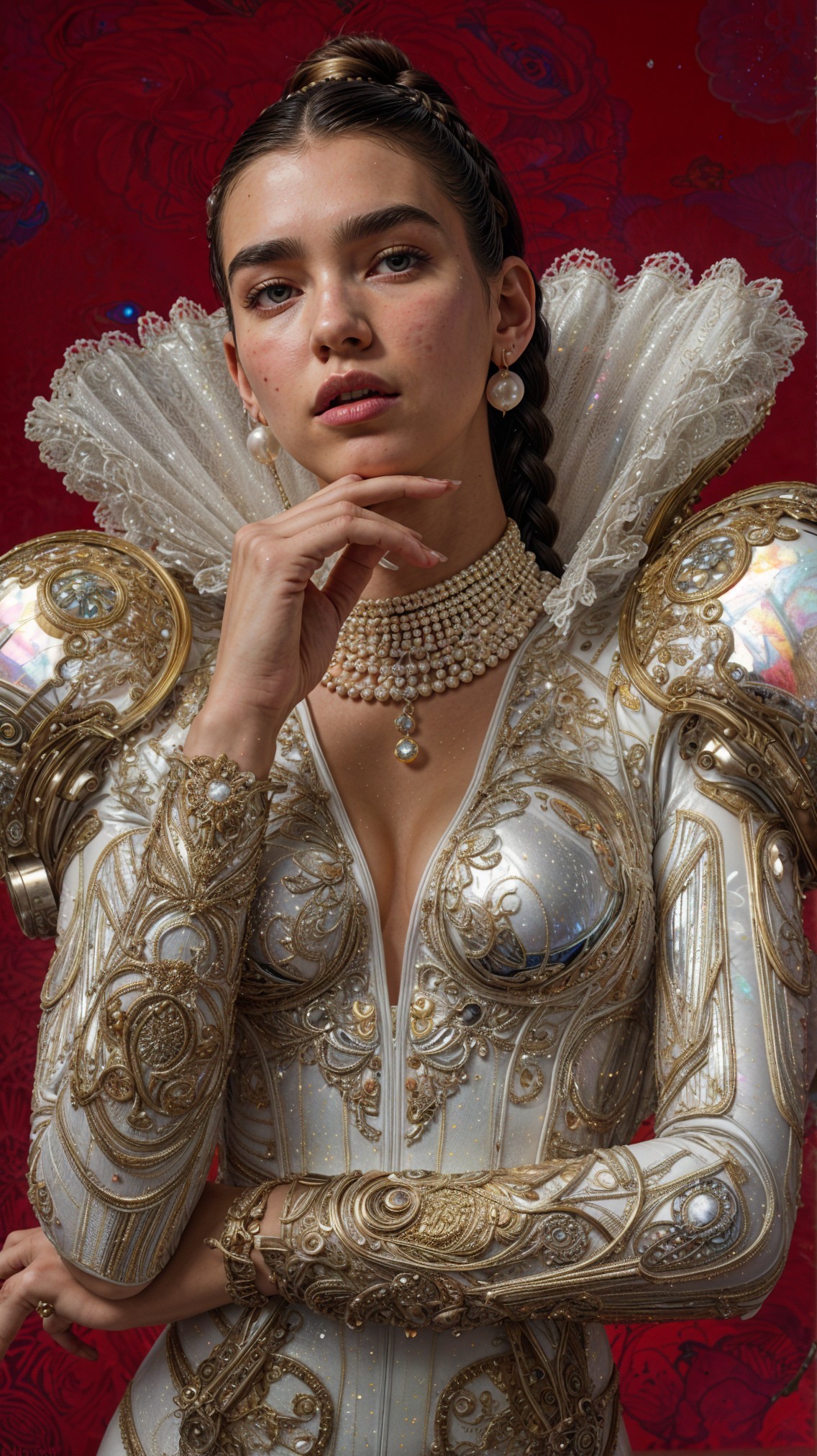 Regal Outfit with Golden Embellishments and Ruffles
