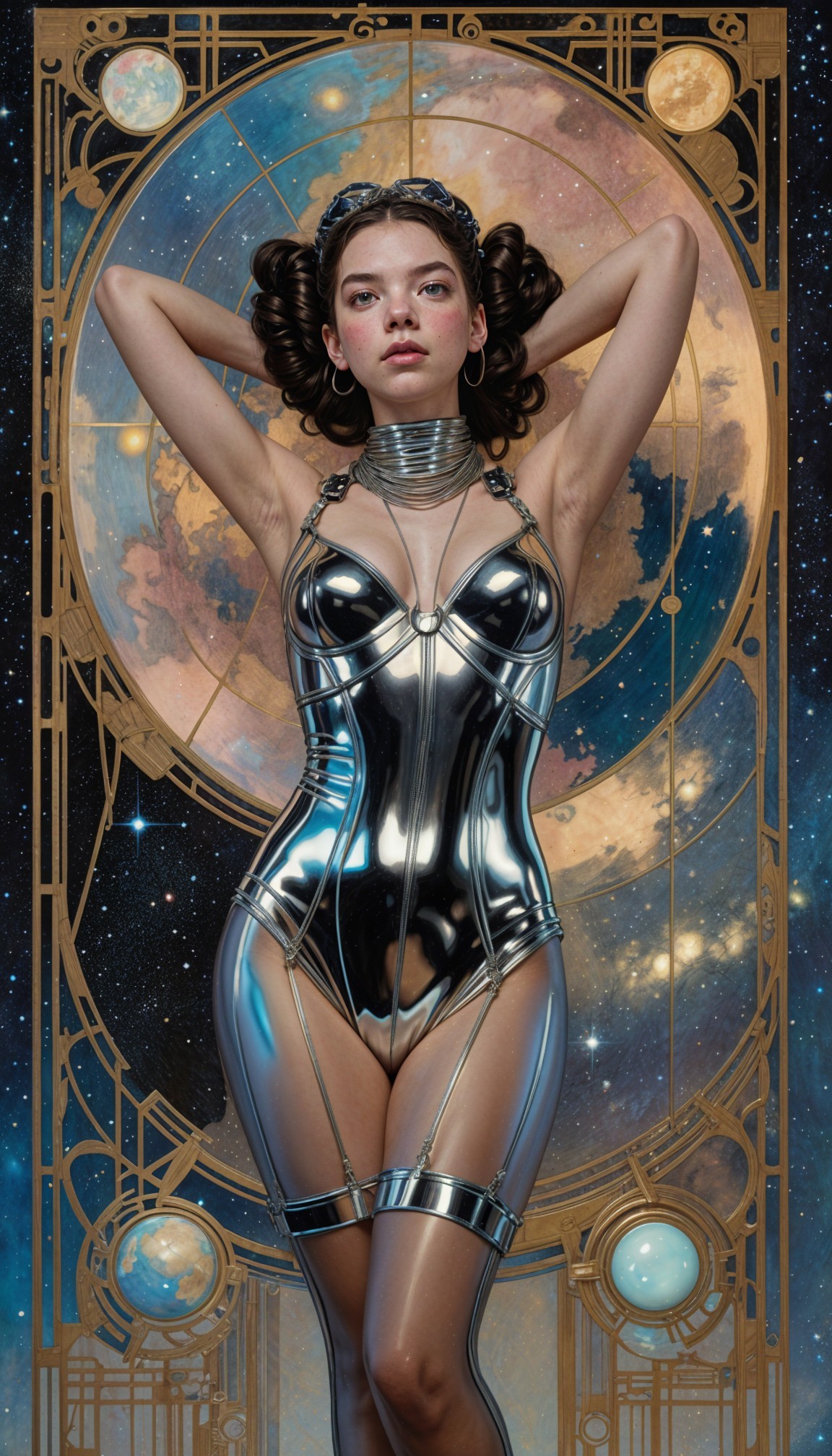 Silver Bodysuit Figure Against Cosmic Backdrop