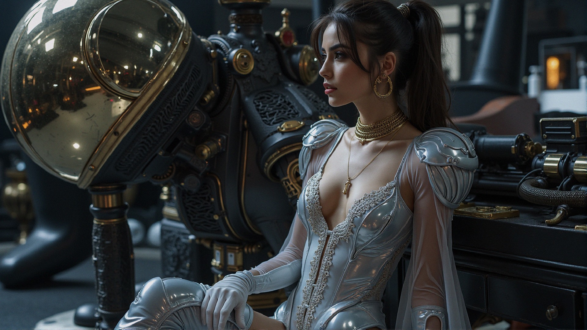 Futuristic Silver Outfit Beside Ornate Mechanical Structure