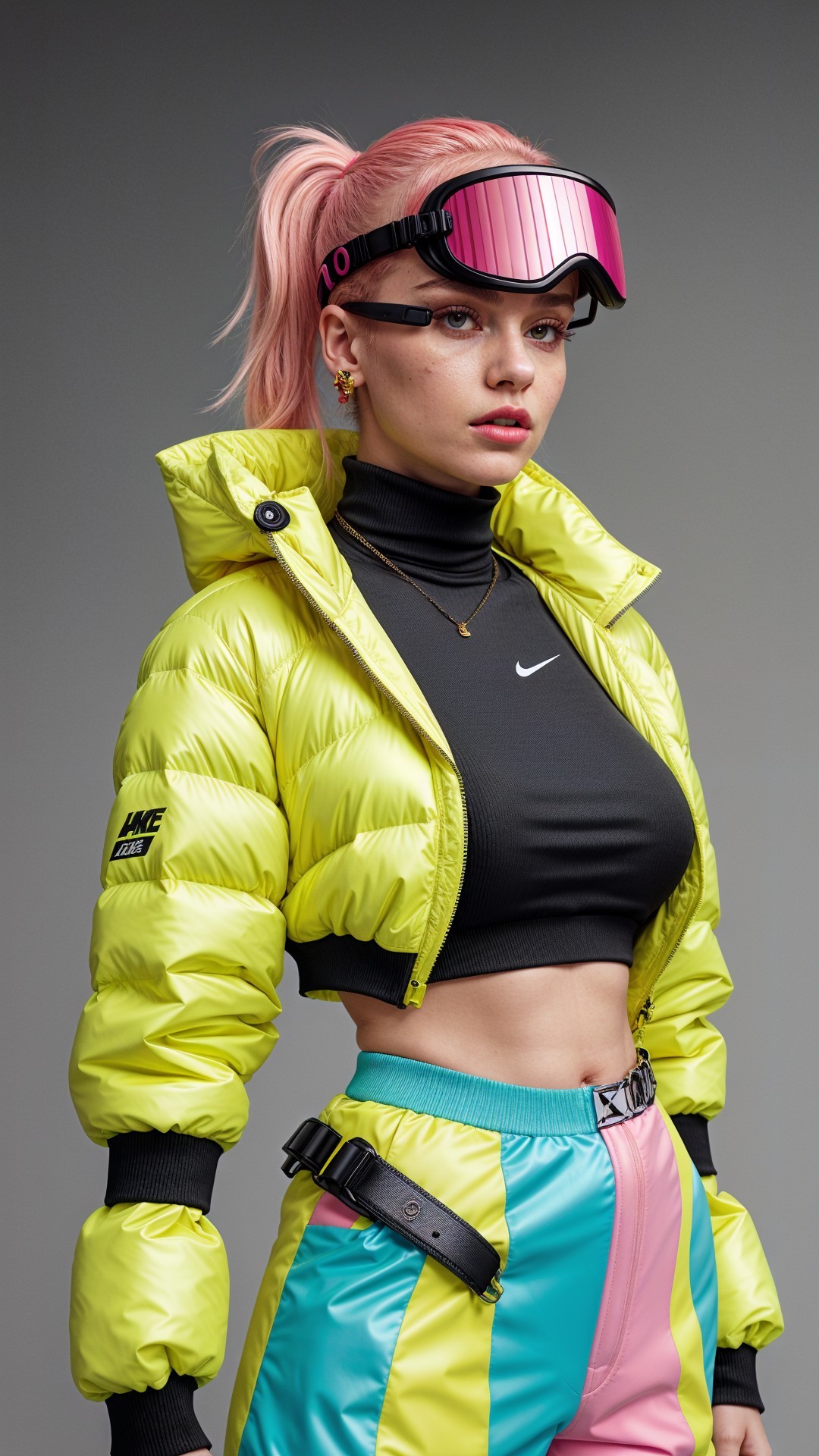 Vibrant Outfit with Neon Yellow Puffer Jacket and Stripes