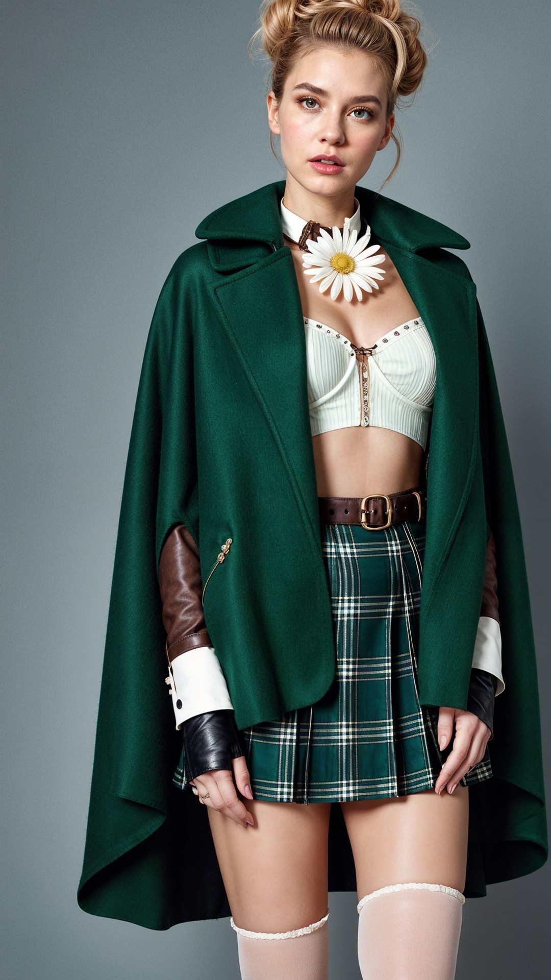 Chic Outfit Featuring Green Cape and Plaid Mini Skirt