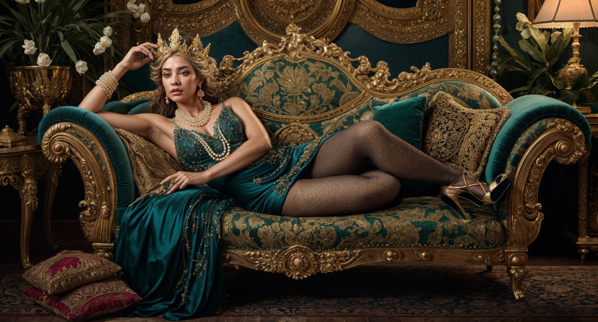 Glamorous Woman on Ornate Golden Sofa in Opulent Setting