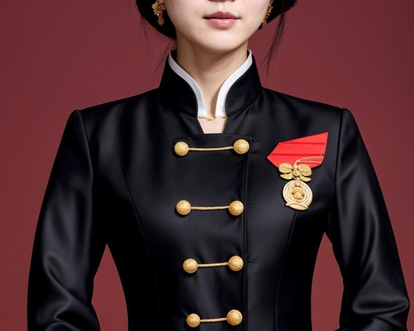Young woman in elegant black jacket with crown and badge