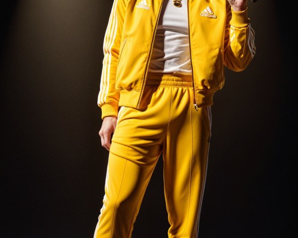 Confident Male Performer in Yellow Tracksuit on Stage