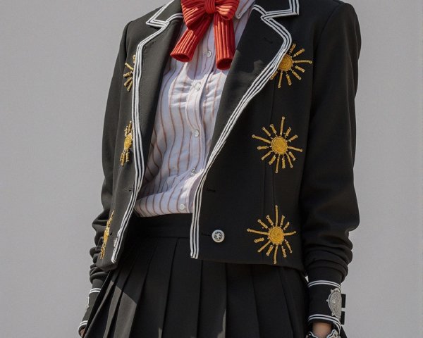 Young woman in stylish black blazer and red boots