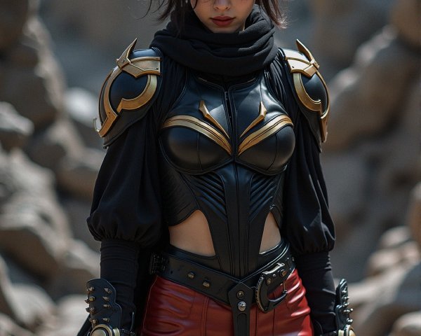Fierce Female Warrior in Black and Gold Armor