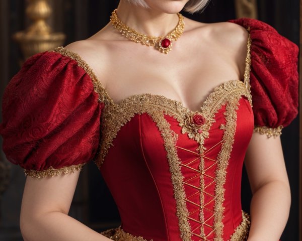 Young woman in red gown with gold embroidery and roses