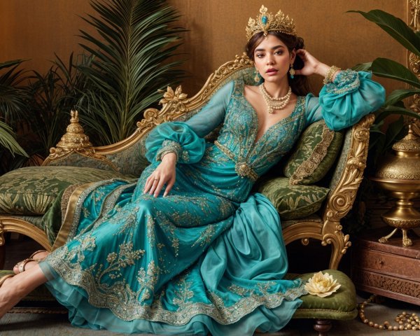 Elegant Woman in Turquoise Gown on Golden Sofa