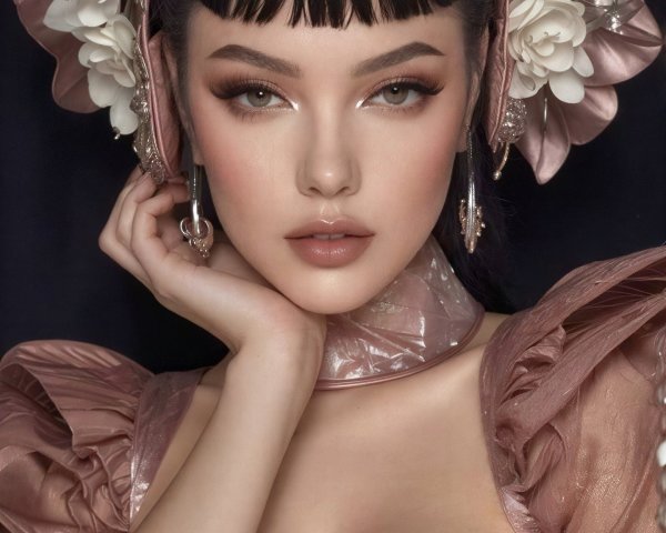 Pale-Skinned Woman in Pink Floral Headdress and Dress