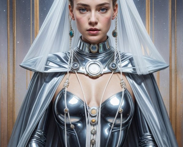 Regal Figure in Futuristic Silver Bodysuit and Veil
