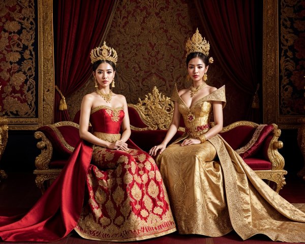 Elegant Women in Luxurious Gowns on Golden Chairs