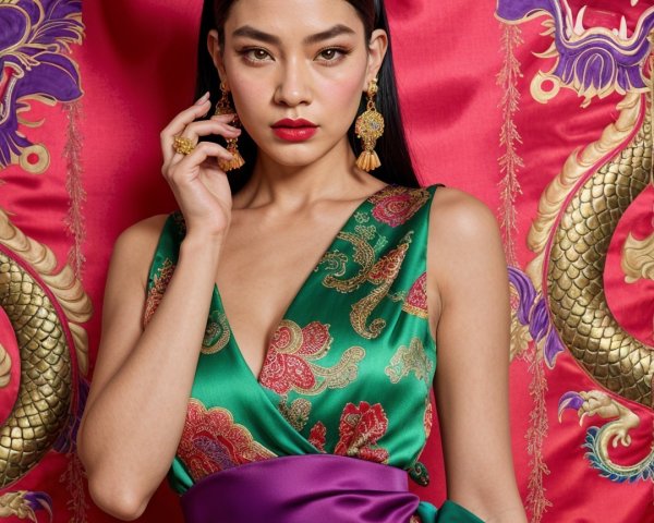 Elegant Model in Green Dress with Dragon Backdrop