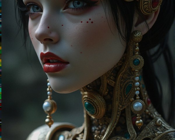 Regal figure in golden jewelry with red gems and pearls