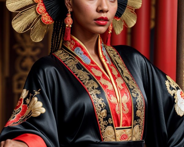 Traditional Black Robe with Golden Embroidery and Headdress