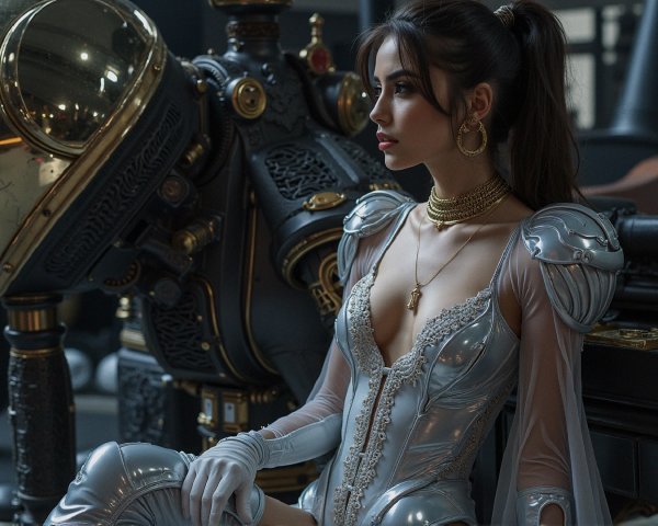Futuristic Silver Outfit Beside Ornate Mechanical Structure