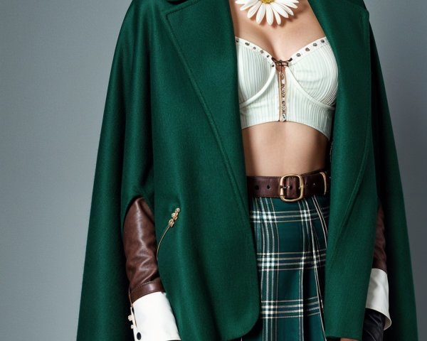 Chic Outfit Featuring Green Cape and Plaid Mini Skirt