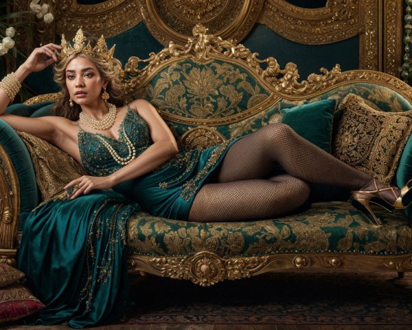 Glamorous Woman on Ornate Golden Sofa in Opulent Setting