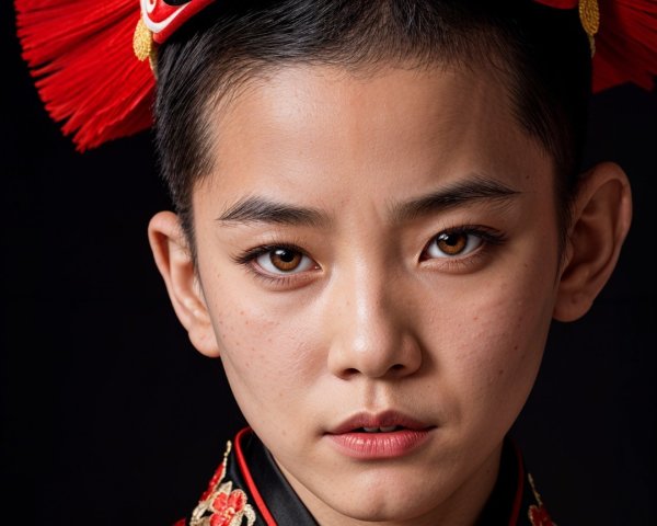Young Performer in Vibrant Traditional Outfit and Headdress