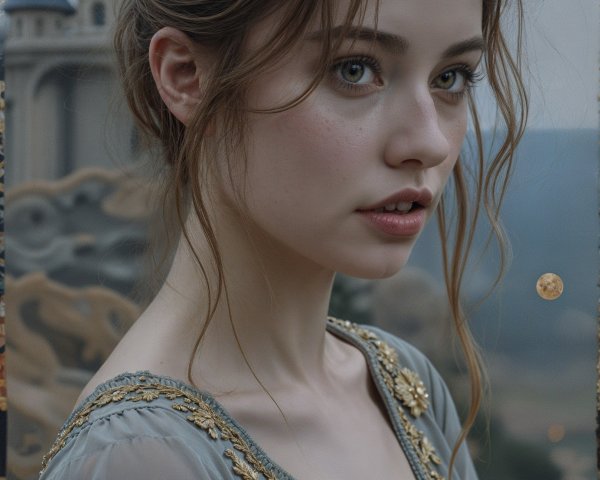 Young woman in elegant grey dress by castle backdrop
